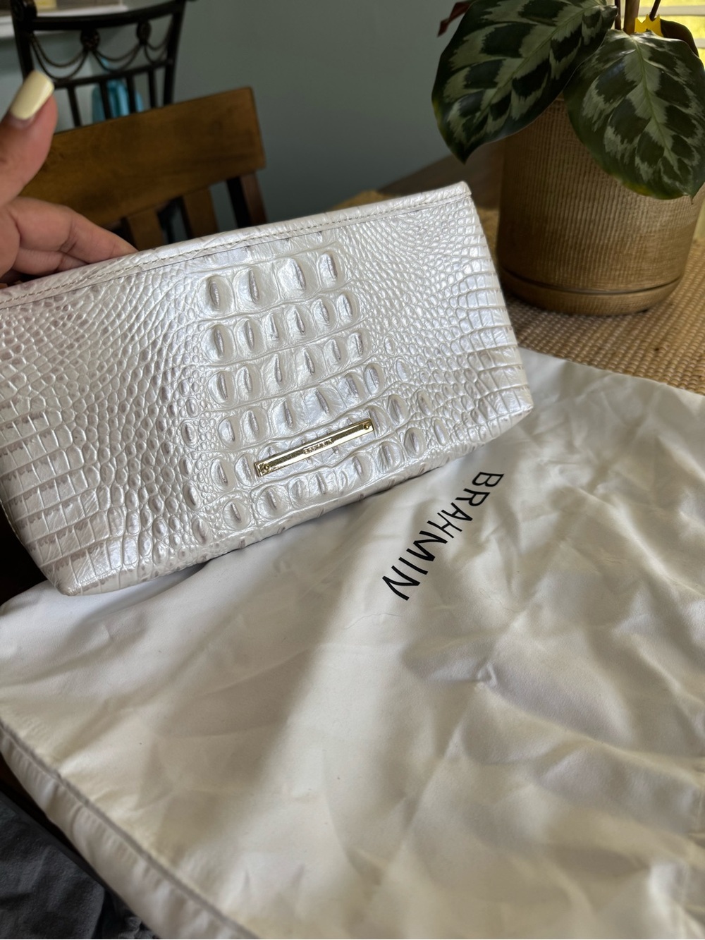 Brahmin White Croc-Embossed Leather Wristlet